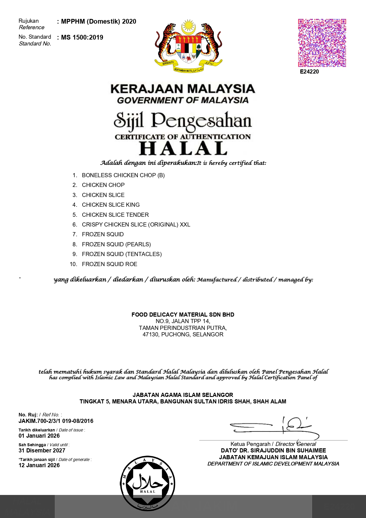 Pensijilan Halal Alis Fried Chicken
